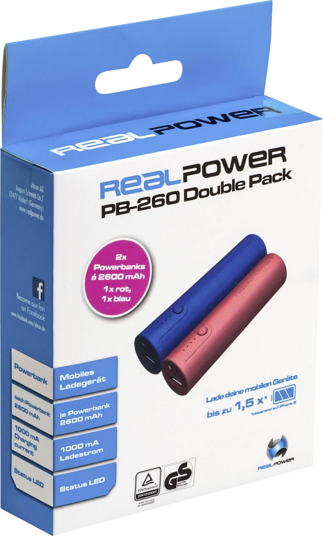 RealPower PB 260 Power Bank 2600 MAh Lithium Blue Red Conrad