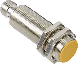 Zylindrischer induktiver Näherungsschalter M12 aus Metall mit gelbem Kopf und M12-Steckverbinder für die Industrieautomation.