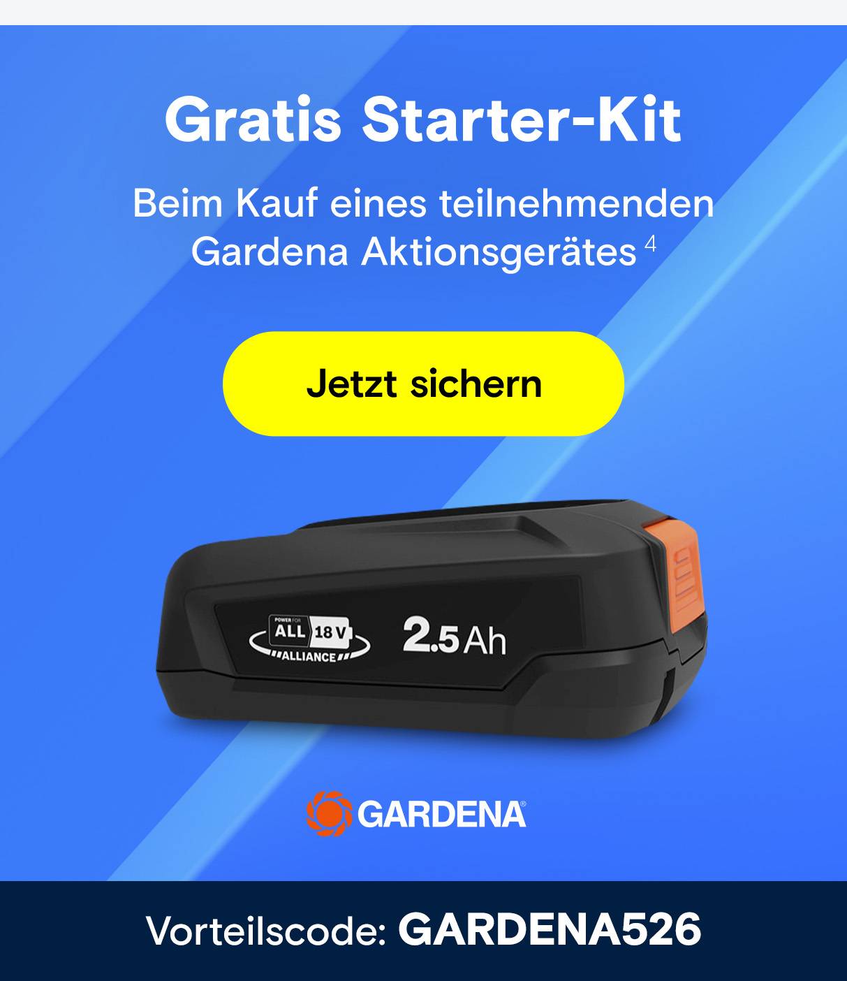 Gardena: Gratis Starter-Kit Akku und Aktionscode.
