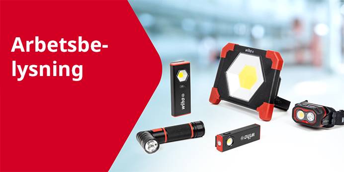 Wiha verktygssats för skruvar och fästelement, Wiha arbetsbelysning, olika modeller uppradade.olika verktyg.