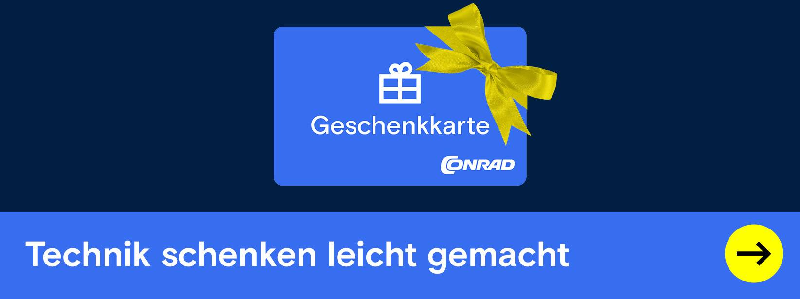 Blaue Conrad Geschenkkarte mit gelber Schleife. Technik schenken.