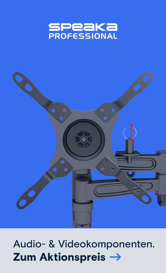 Speaka Monitorwandhalterung. Unten Slogan AUdio- & Videokomponenten und Aktionspreis-Hinweis mit Pfeil.