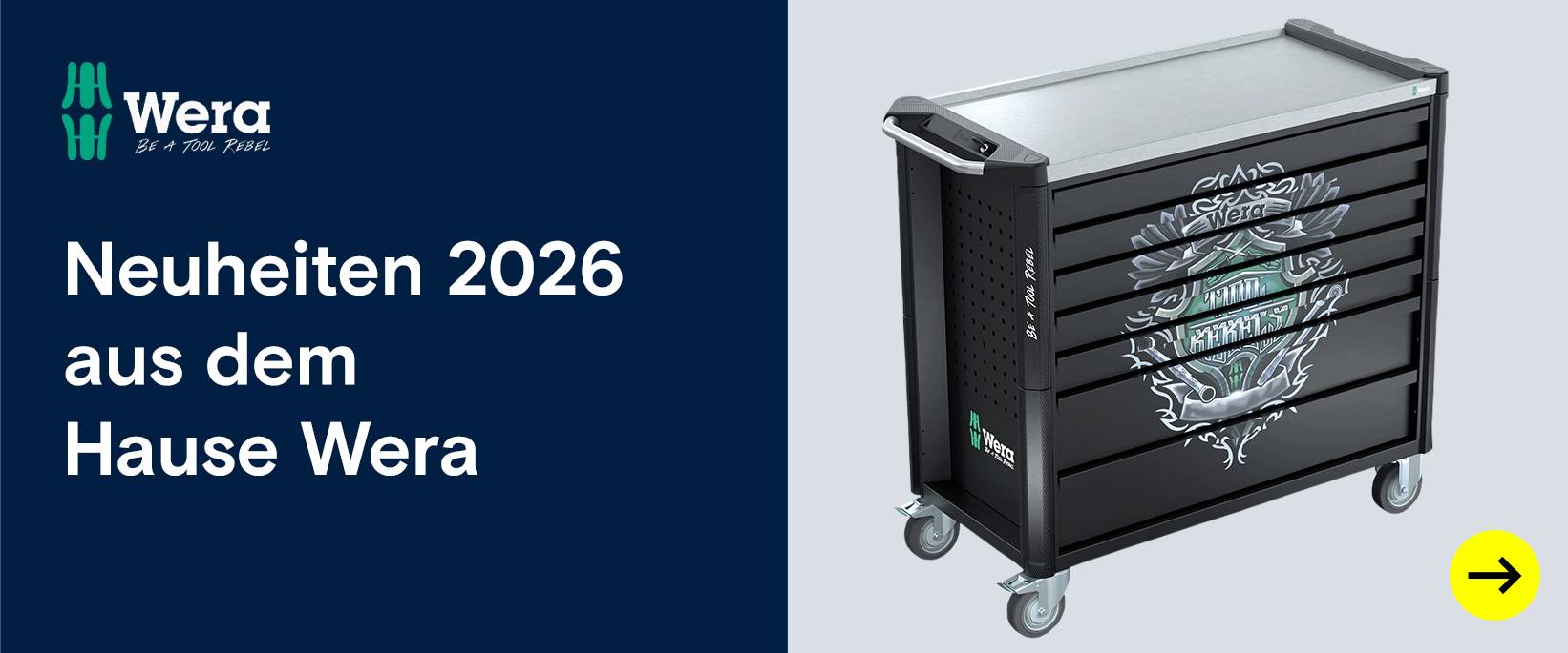 Wera Neuheiten 2026: Schwarzer Werkzeugwagen mit Herstellerlogo.