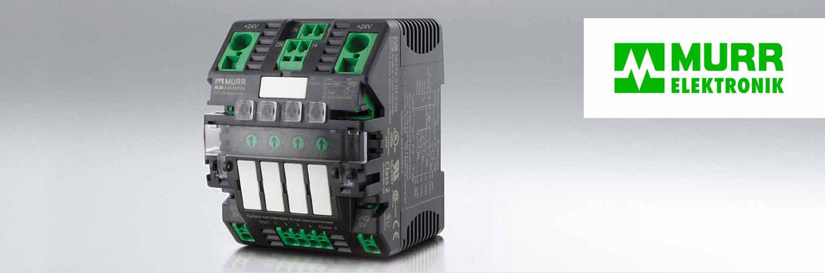 Ein Murr Elektronik Modul. Rechts das Logo. Weiterleitung zu Murr Elektronik Lastkreisüberwachung