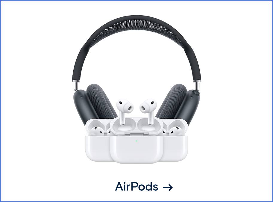 Gruppenbild der aktuellsten Apple AirPods Modelle. Weiterleitung zur Apple AirPods Seite
