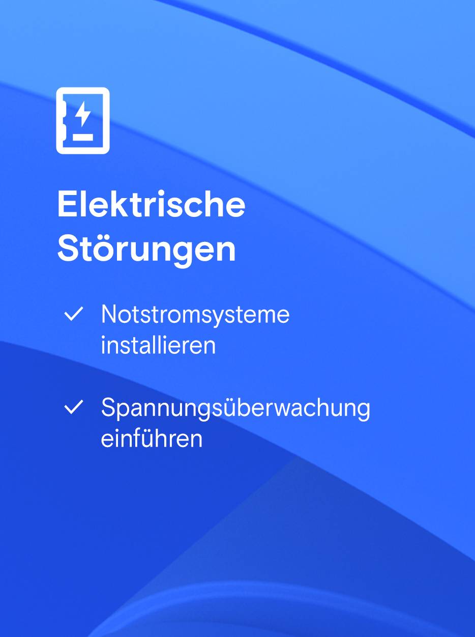 Dunkelblauer Hintergrund mit hellerem, abgerundetem Rechteck, darin Text "Elektrische Störungen" und zwei Punkte mit Häkchen: "Notstromsysteme installieren" und "Spannungsüberwachung einführen".