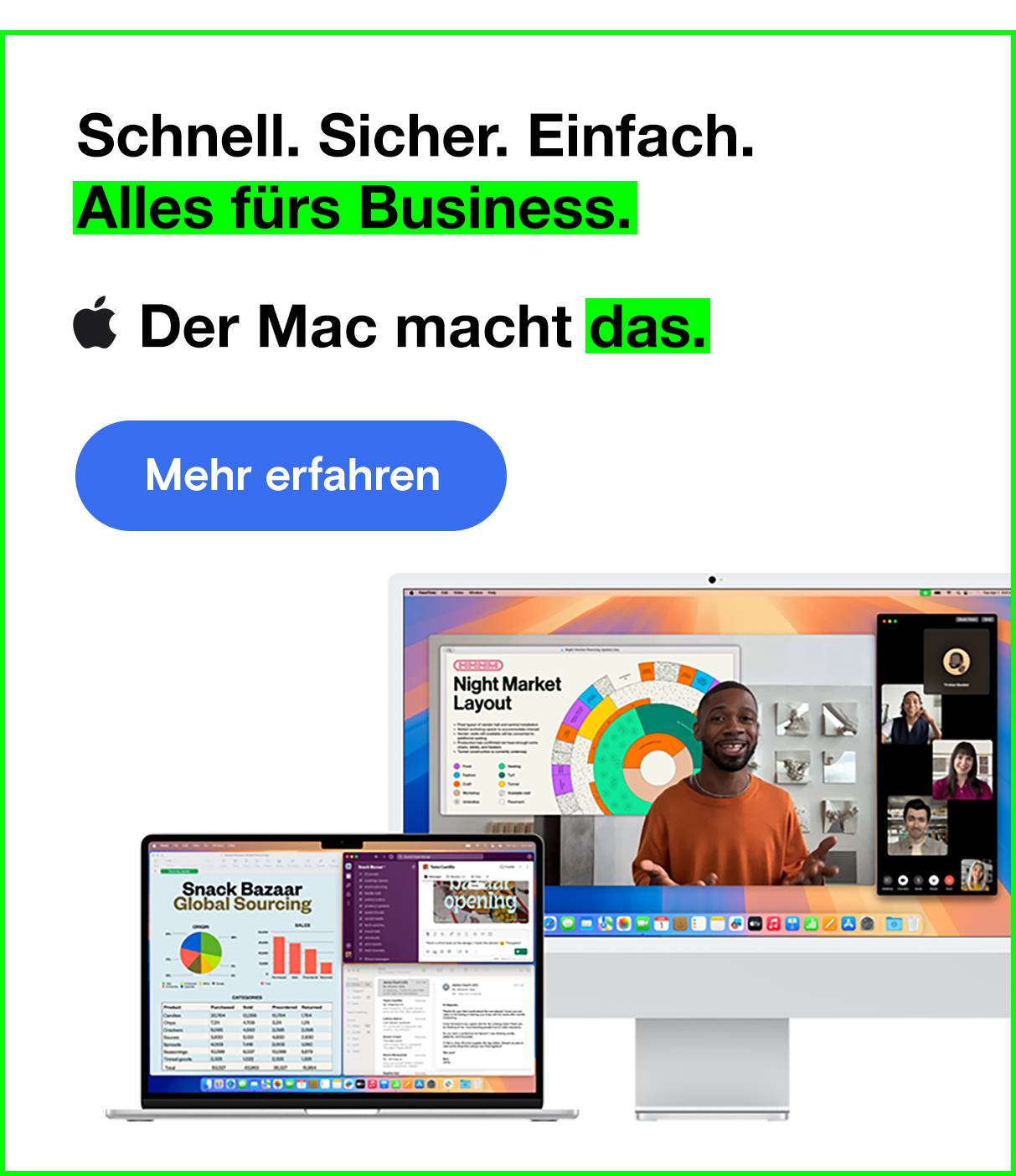 Apple Business: MacBook und iMac mit Software-Anwendungen.
