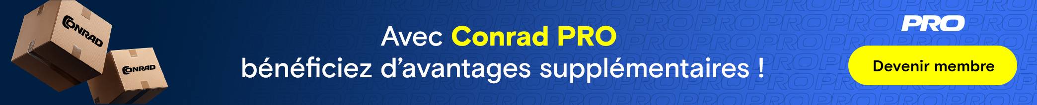 Bannière publicitaire pour Conrad PRO présentant les offres Conrad, accompagnée de la mention « Bénéficiez d'avantages supplémentaires avec Conrad PRO ! » et du bouton « Devenir membre ».