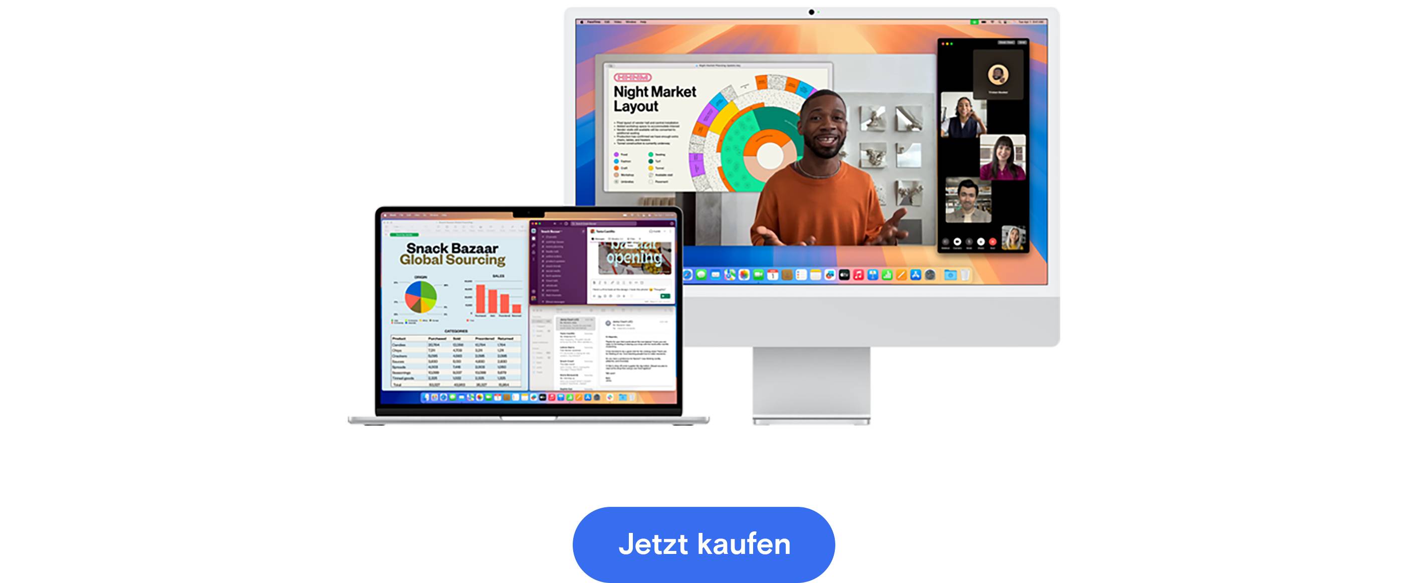 Ein aufgeklapptes 15" MacBook Air in Silber führt Mail, Numbers und Slack aus, daneben ein 24" iMac, auf dem eine Person eine Keynote Präsentation über FaceTime hält