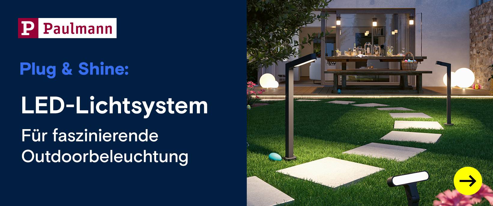 Paulmann Plug & Shine: LED-Beleuchtung im Garten bei Nacht.