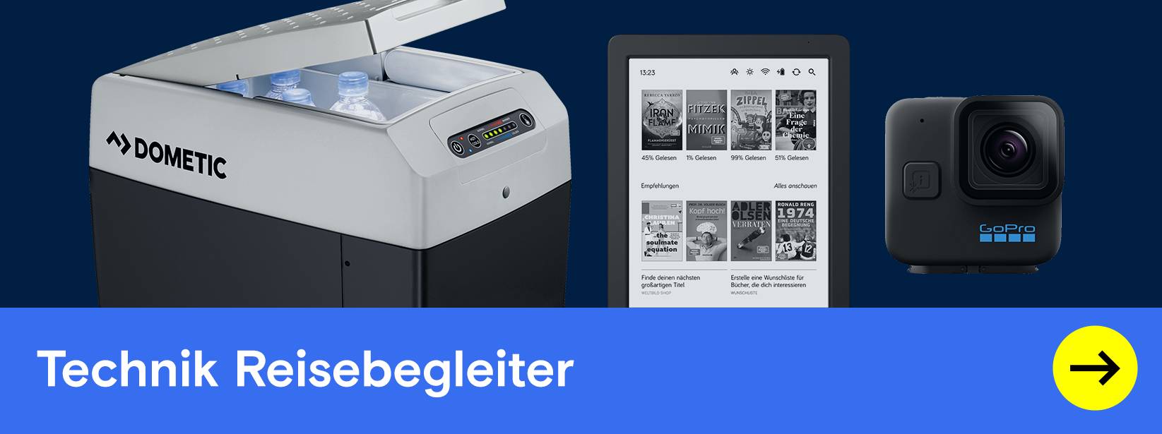 Dometic Kühlbox, E-Reader und GoPro Kamera , praktische Technik Reisebegleiter.