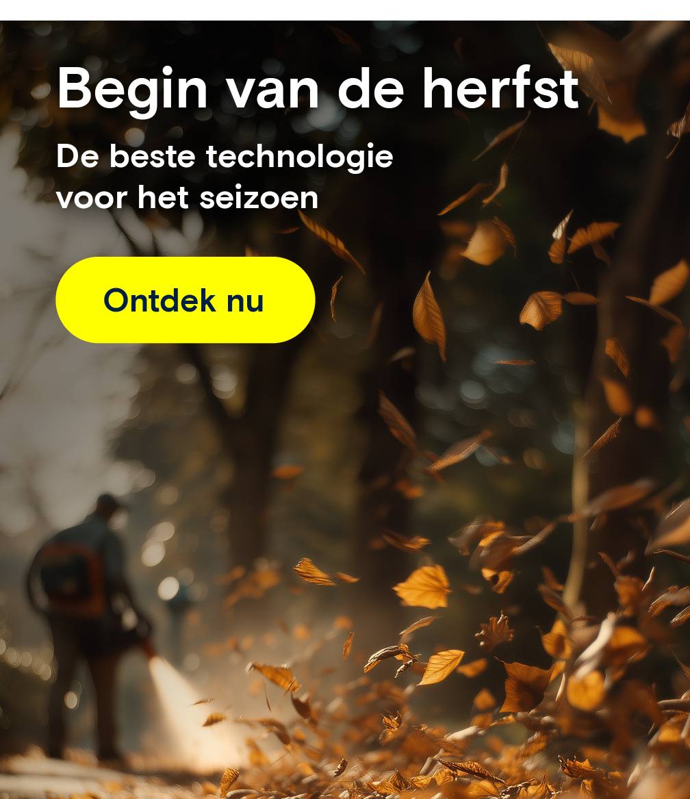 Een man gebruikt een bladblazer. Tekst: "Begin van de herfst. Beste technologie voor het seizoen."