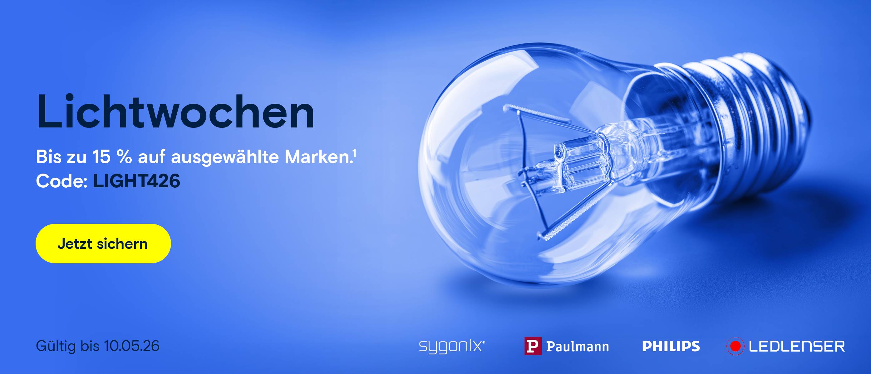Lichtwochen: Glühbirne auf blauem Grund und Rabatt-Code.