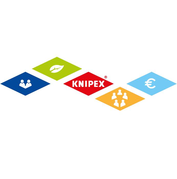Een grafische weergave van de duurzaamheid van Knipex, met het logo in het midden, omringd door pictogrammen voor economie, ecologie en sociale aspecten.