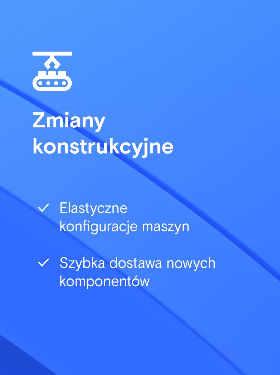 Prostokątny przycisk z symbolem maszyny, obok tekst „Zmiany w projekcie” i dwie listy z zaznaczeniami: „Elastyczne konfiguracje maszyn” i „Szybka dostawa nowych komponentów”.