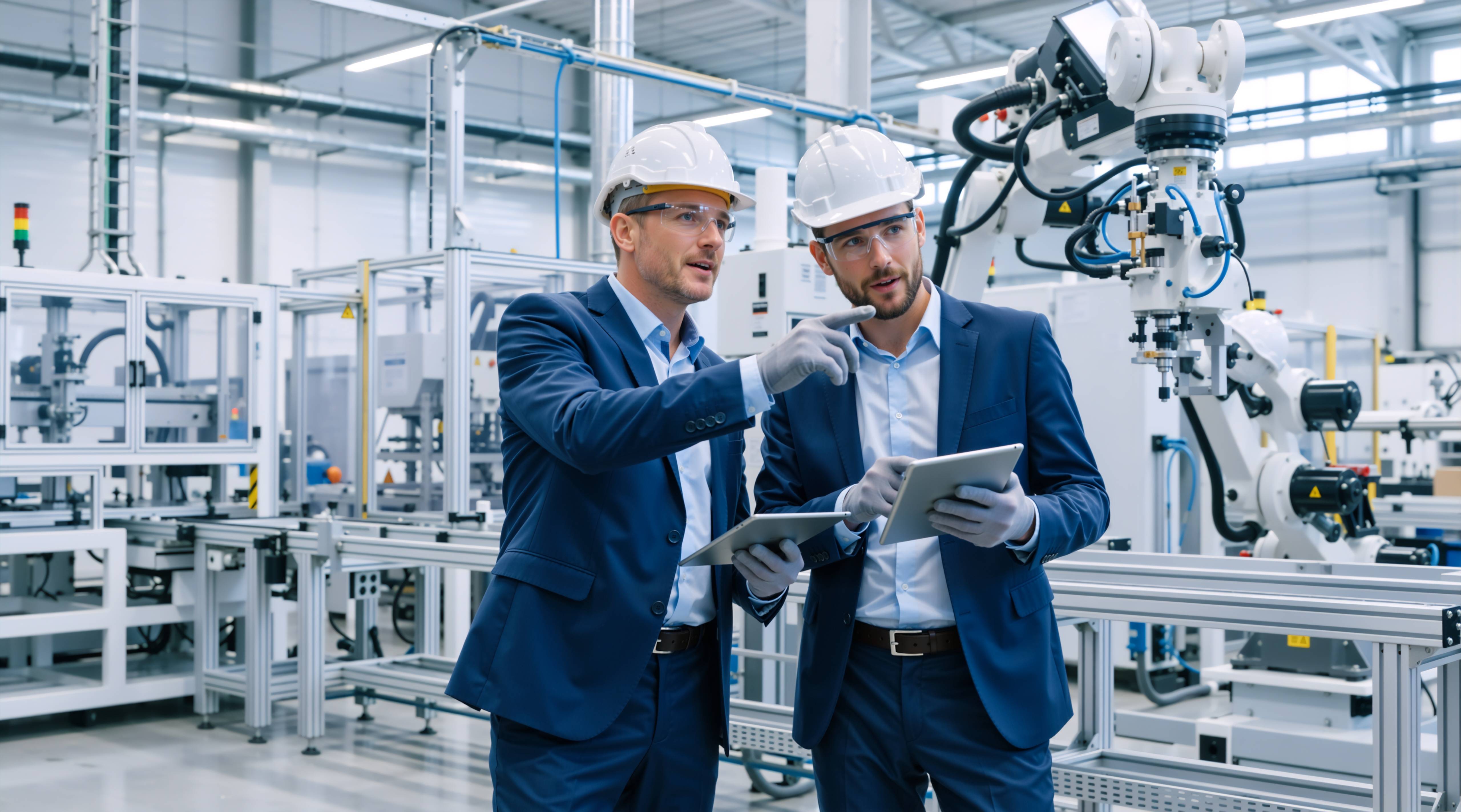 Zwei Fachkräfte mit Schutzhelmen analysieren auf einem Tablet eine automatisierte Produktionsanlage mit Industrieroboter