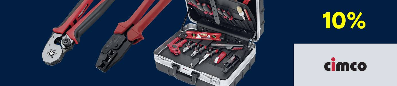 Striscione pubblicitario con un tagliacavi rosso e una cassetta degli attrezzi aperta piena di utensili. Accanto c'è uno sconto del 10% e il logo Cimco.