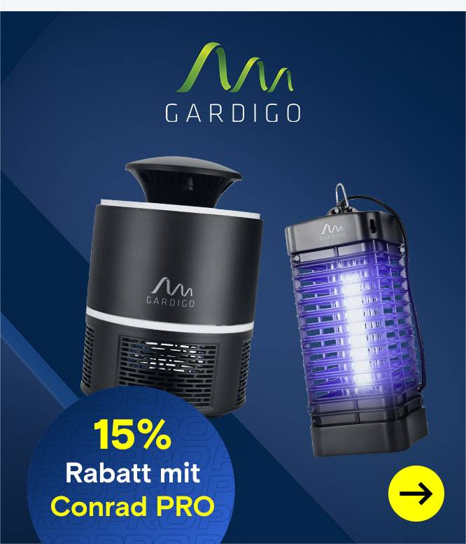 Gardigo-Werbebild mit Insektenfänger und UV-Insektenvernichter, gelbem Pfeil-Button und dem Hinweis „15 % Rabatt mit Conrad PRO“.