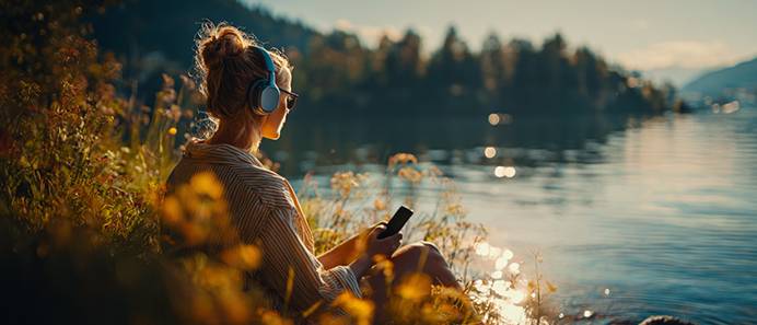 Osoba se sluchátky a smartphonem u jezera