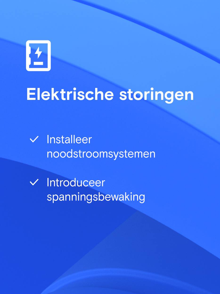 Donkerblauwe achtergrond met een lichtere, afgeronde rechthoek met daarin de tekst “Elektrische storingen” en twee stippen met een vinkje: “Installeer noodstroomsystemen” en “Introduceer spanningsbewaking”.