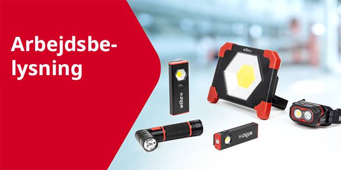 Wiha arbejdslamper, forskellige modeller stillet op.