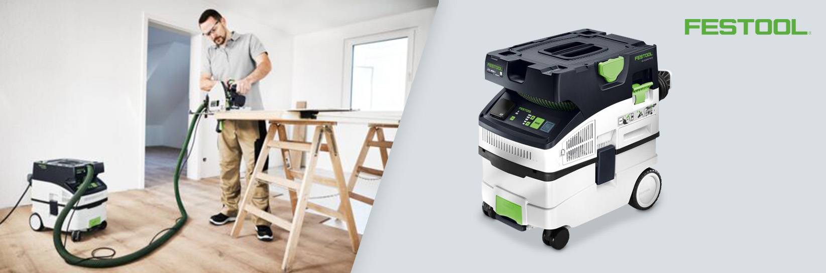 Festool Sauger. Rechts: Handwerker beim Schneiden.