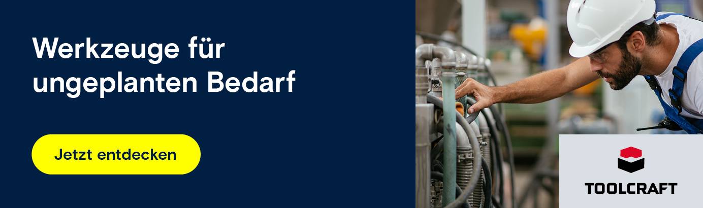 Werkzeuge für ungeplanten Bedarf" und gelbem "Jetzt entdecken"-Button. Rechts ein Mann mit Helm prüft eine Maschine. Unten rechts: Toolcraft-Logo.