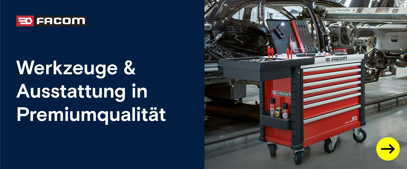 Facom: Ein roter Werkstattwagen in einer Kfz-Werkstatt.
