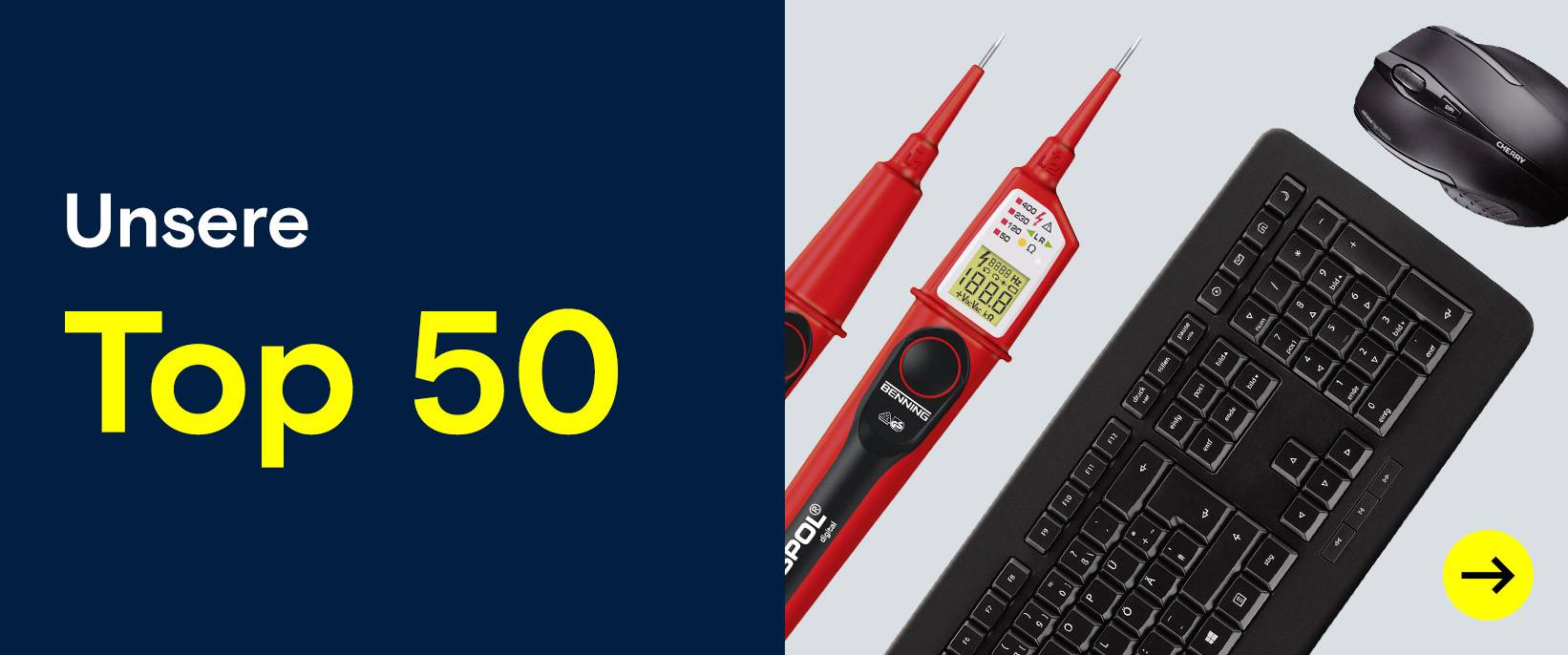 Strom-Messgerät, Maus und Tastatur. Text: Unsere Top 50 Produkte