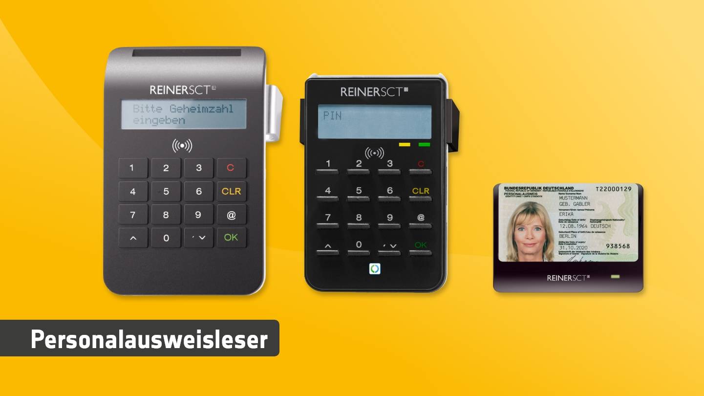 Auf gelbem Hintergrund sind zwei elektronische Geräte und ein deutsches Personalausweislesegerät abgebildet.