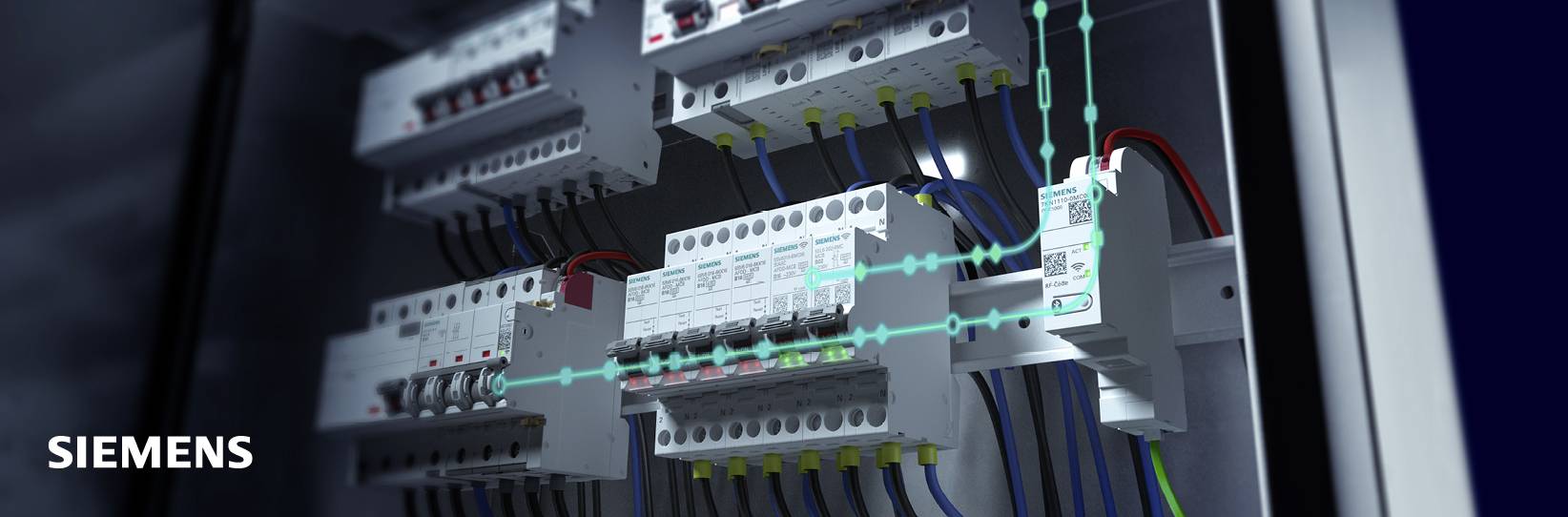  Siemens: Sicherungsschalter mit leuchtenden Datenlinien.