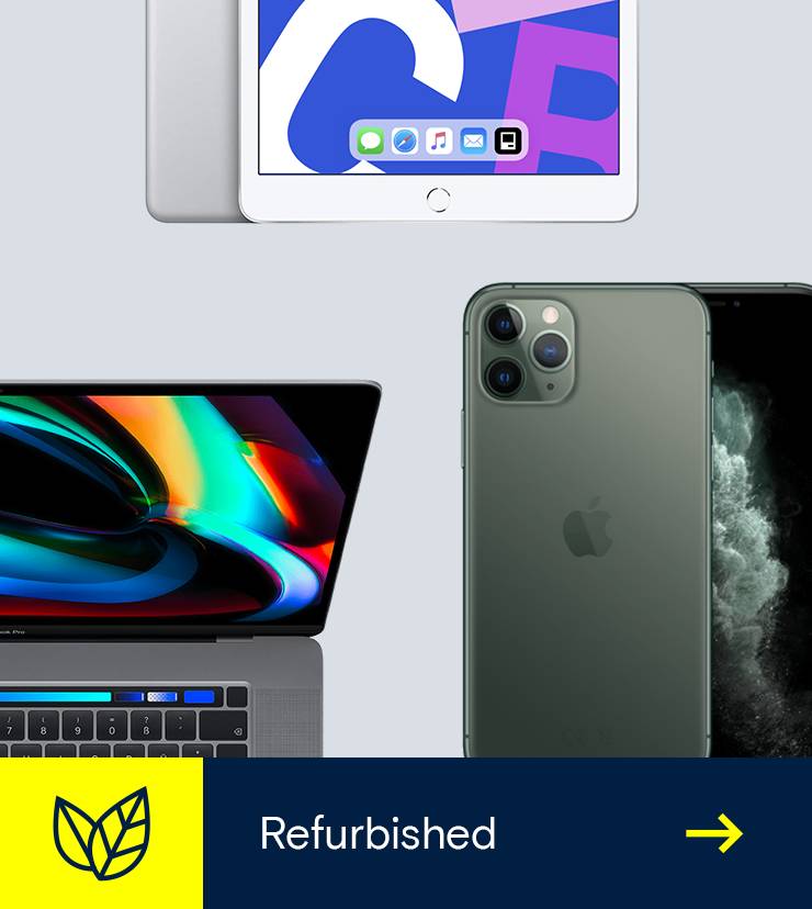 Drei elektronische Geräte, Tablet, Laptop und Handy, darunter Knopf mit "Refurbished" und Pfeil, hellgrauer Hintergrund.