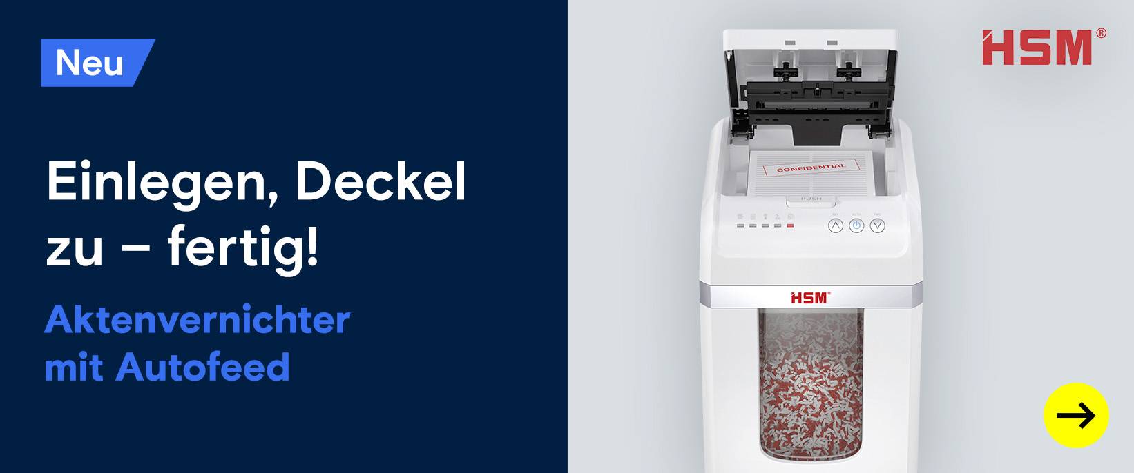 HSM Aktenvernichter mit Autofeeder (offener Deckel). Neu.