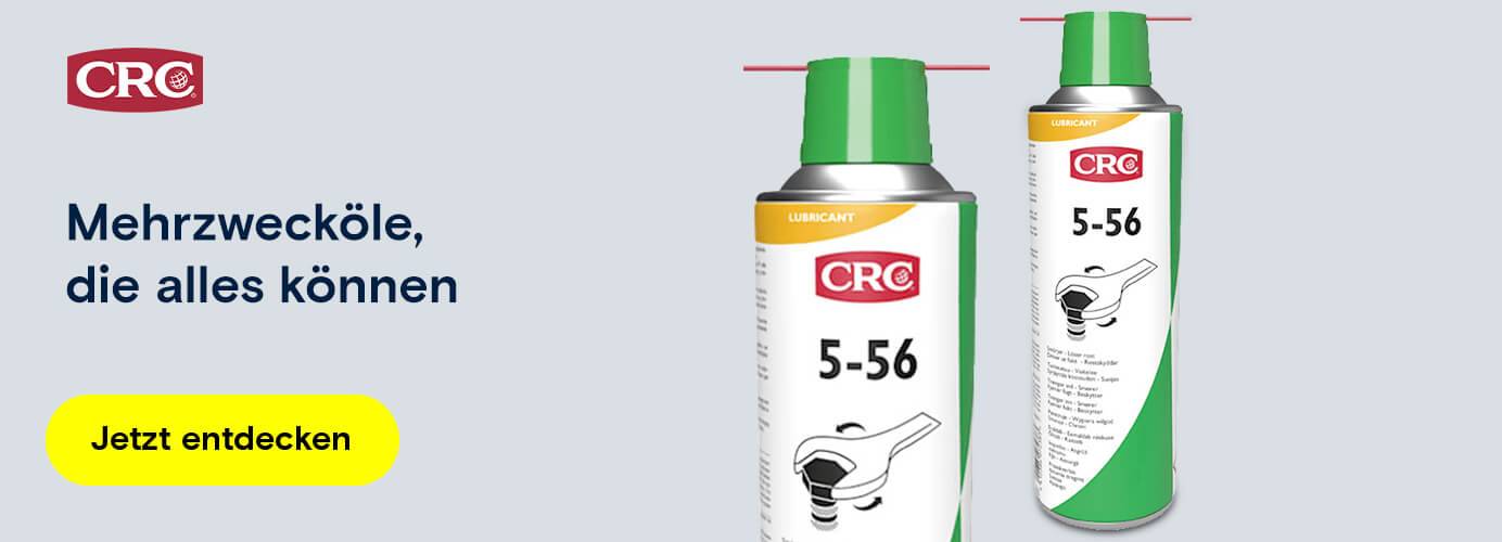 Zwei Sprühdosen des CRC 5-56 Mehrzwecköls mit dem CRC Logo und dem Slogan 'Mehrzwecköle, die alles können'.