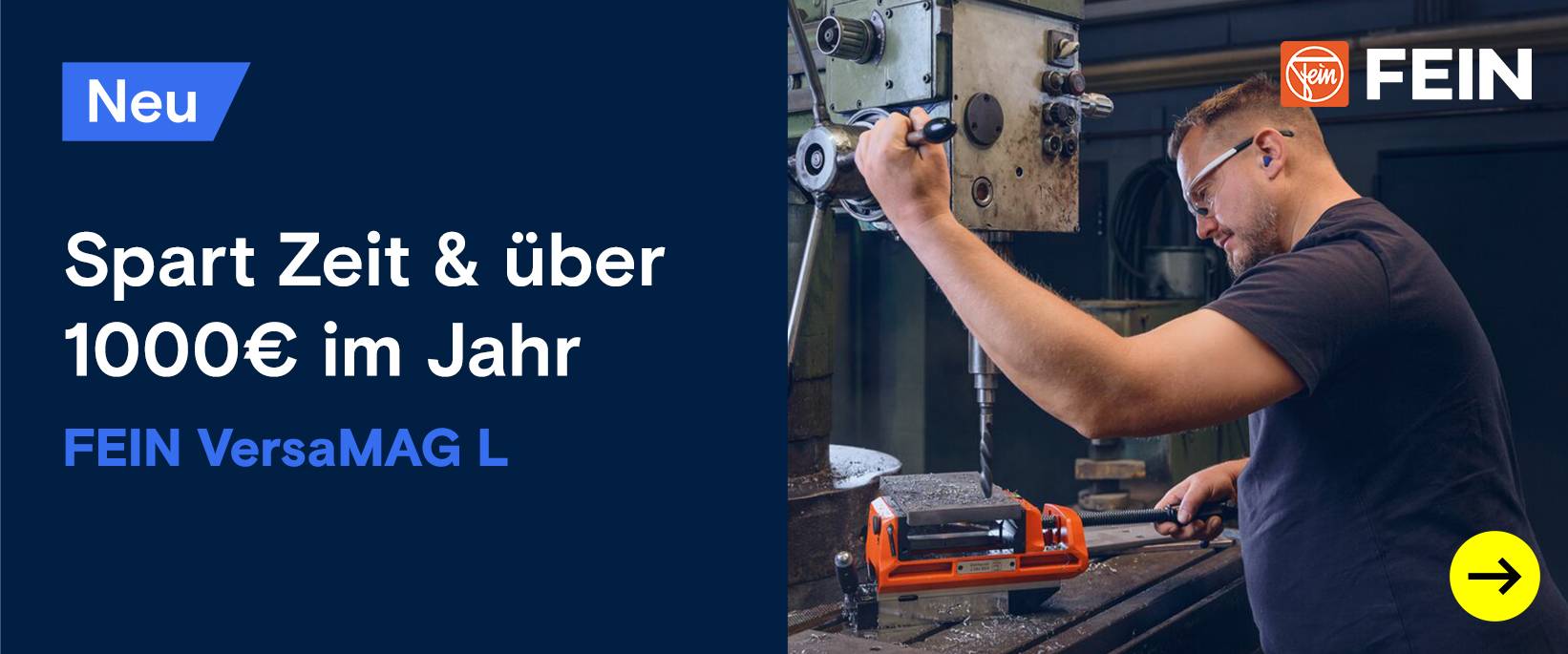 Fein: Handwerker bedient eine große Ständerbohrmaschine.