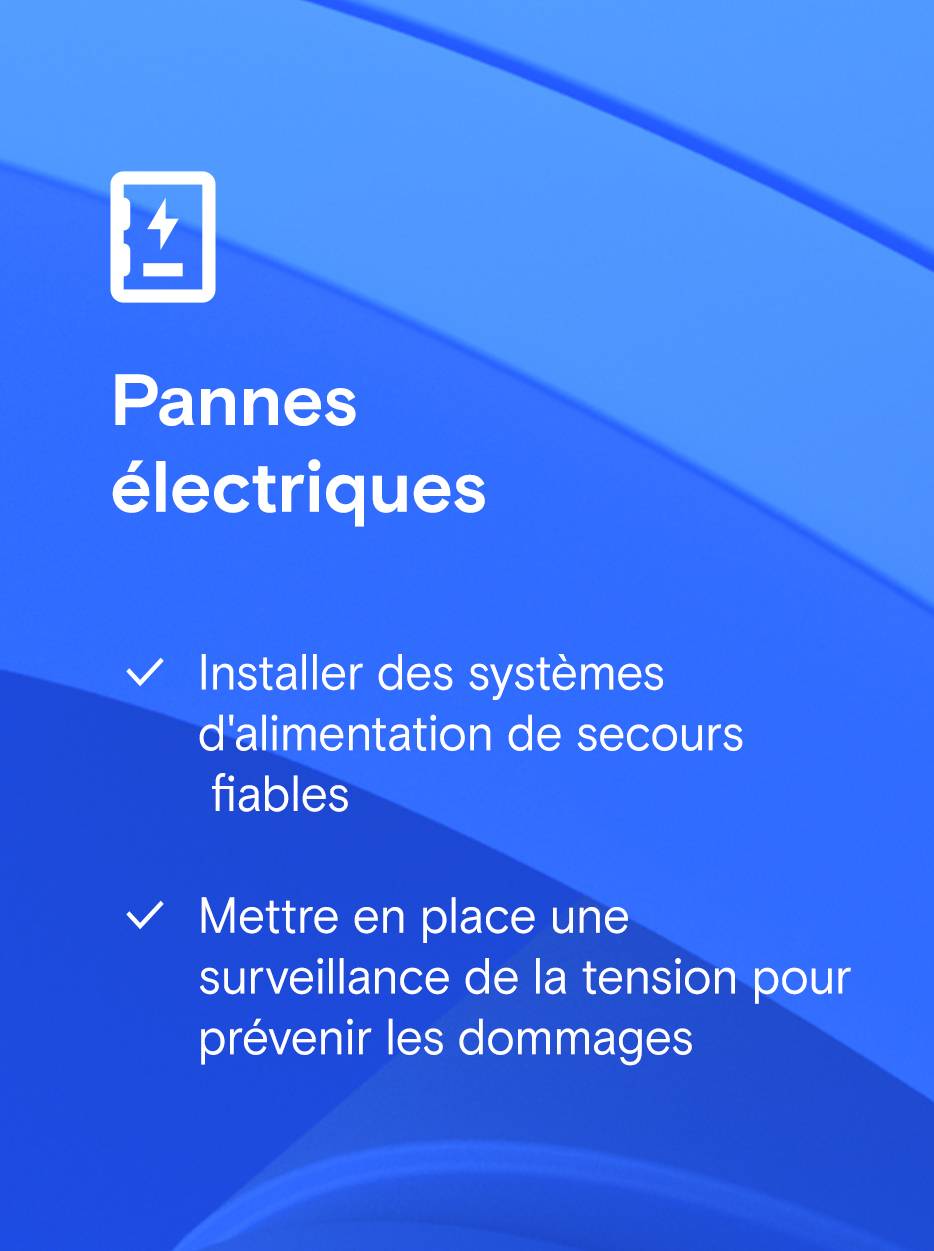 Fond bleu foncé avec un rectangle arrondi plus clair, à l'intérieur duquel se trouve le texte « Perturbations électriques » et deux points avec des coches : « Installer des systèmes d'alimentation de secours » et « Introduire une surveillance de la tension »