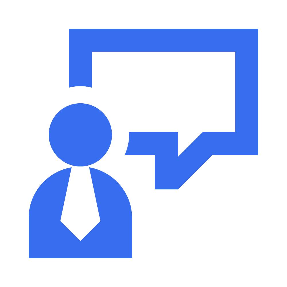 Simbolo con persona e bolla vocale in blu scuro.