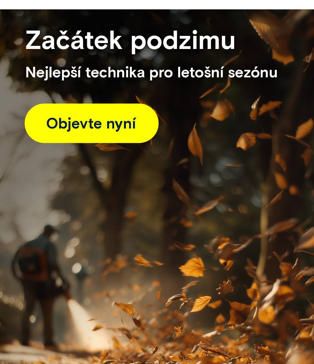 Muž používá foukač listí. Text: „Začátek podzimu. Nejlepší technika pro tuto sezónu.“