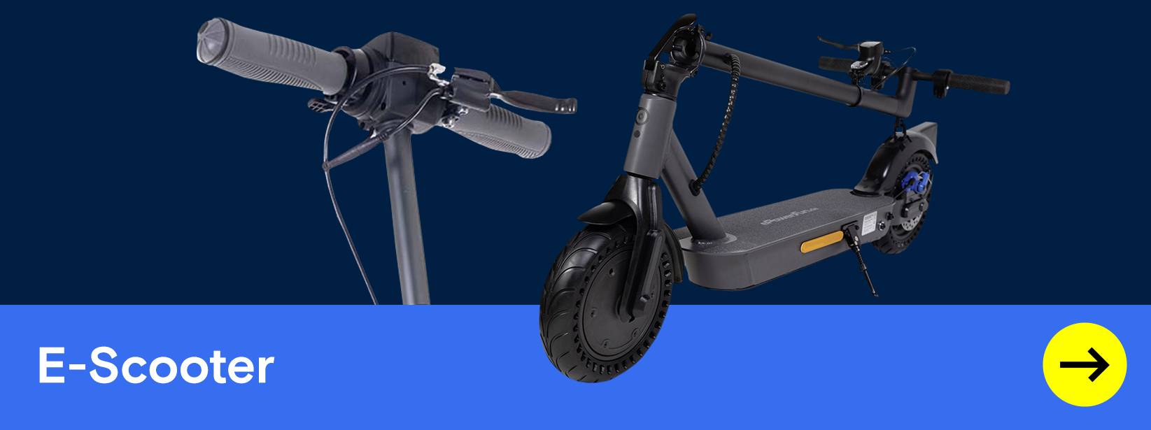 Zwei moderne E-Scooter in Grau und Schwarz mit Lenker und Trittbrett auf blauem Hintergrund.