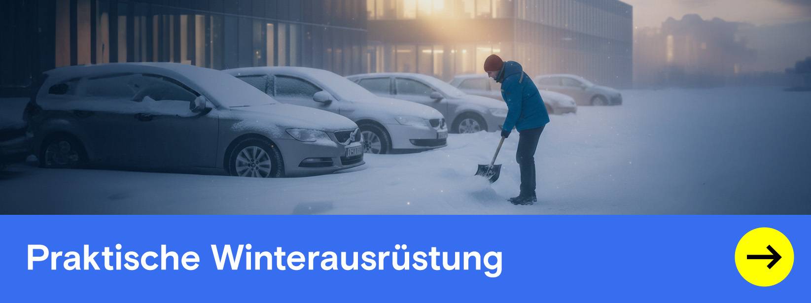 Person am Schnee räumen. Text: Praktische Winterausrüstung