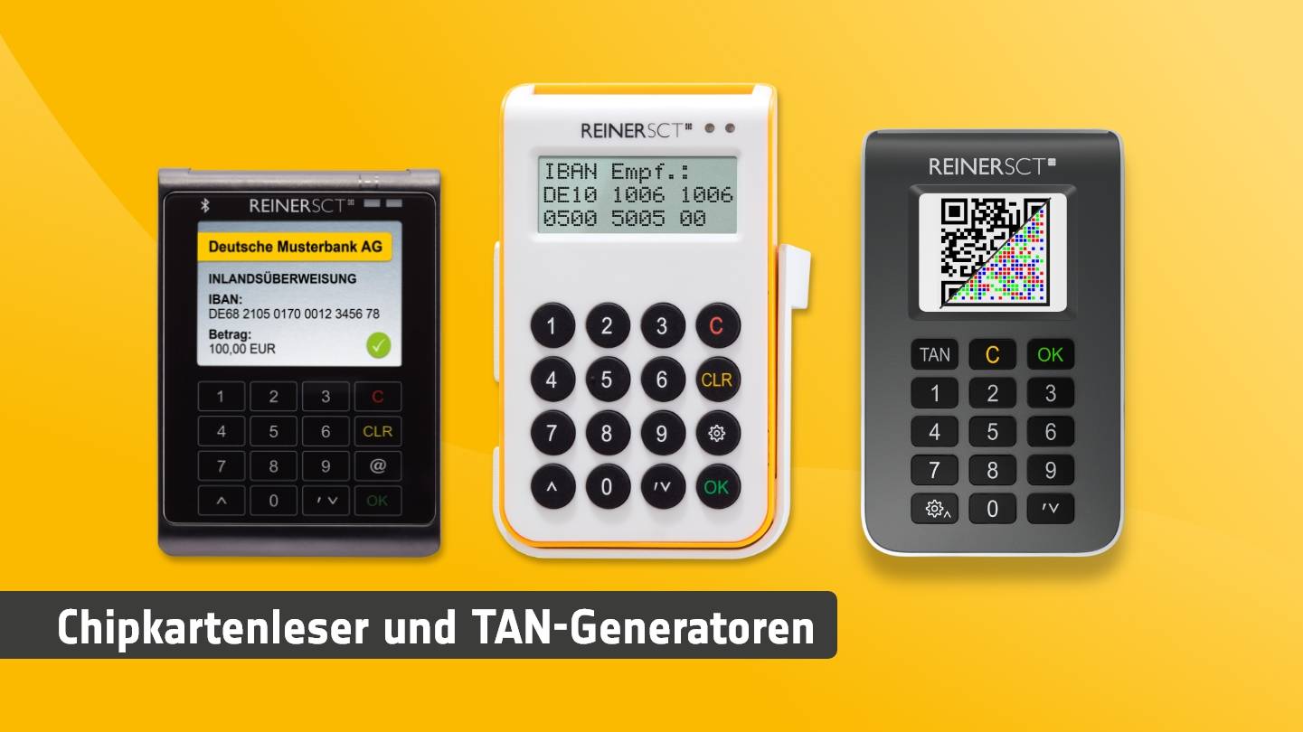Drei verschiedene elektronische Geräte für das Online-Banking sind vor einem gelben Hintergrund abgebildet.