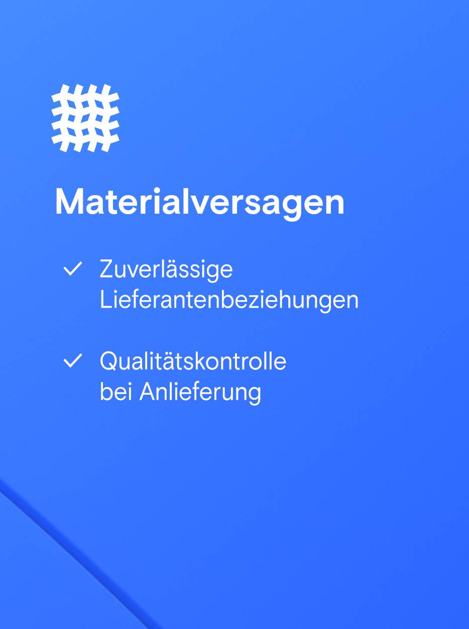 Rechteckiger Button mit Symbol eines Gitters, daneben Text "Materialversagen" und drei Aufzählungen mit Häkchen: "Zuverlässige Lieferantenbeziehungen", "Qualitätskontrolle bei Anlieferung" und "kritische Ersatzteillisten pflegen".