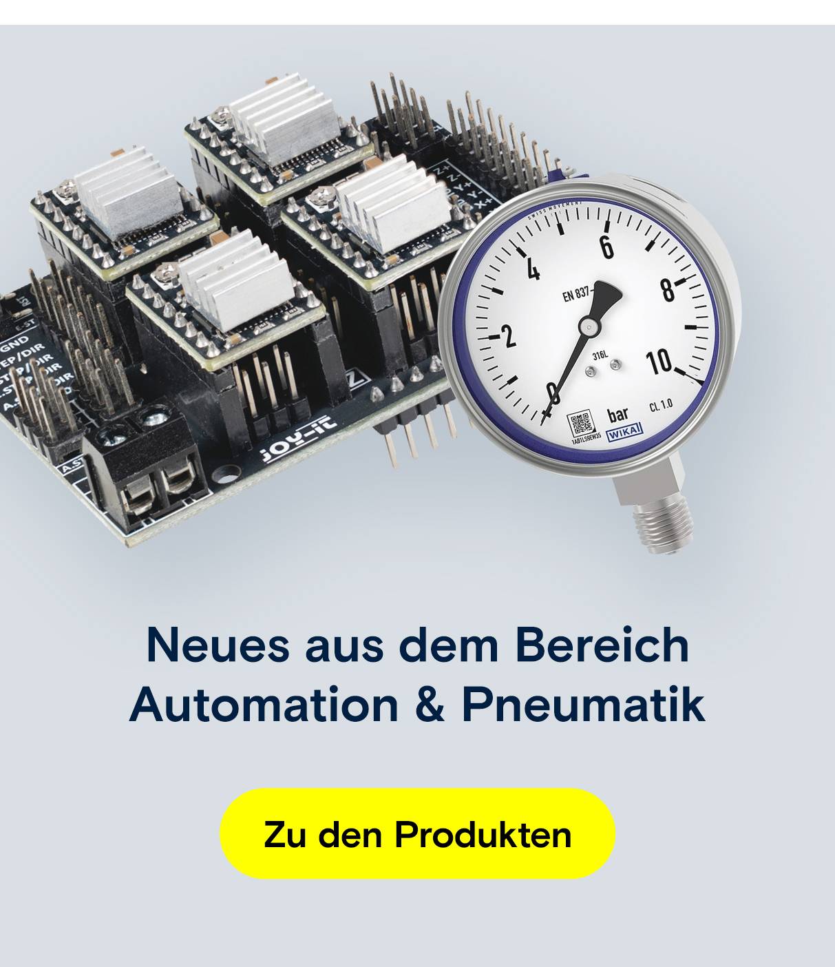 Platine & Manometer. Text: Neues aus Automation & Pneumatik.