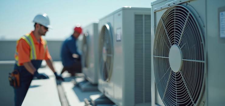 Nahaufnahme des großen Ventilators eines Klimaanlagen-Außengeräts auf einem Dach. Im unscharfen Hintergrund arbeiten zwei Techniker in Arbeitskleidung, Warnweste und Schutzhelmen an weiteren Geräten der Anlage unter blauem Himmel.