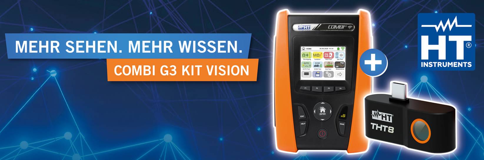 HT Instruments Messgerät und Modul. Text: "Mehr sehen. Mehr wissen."