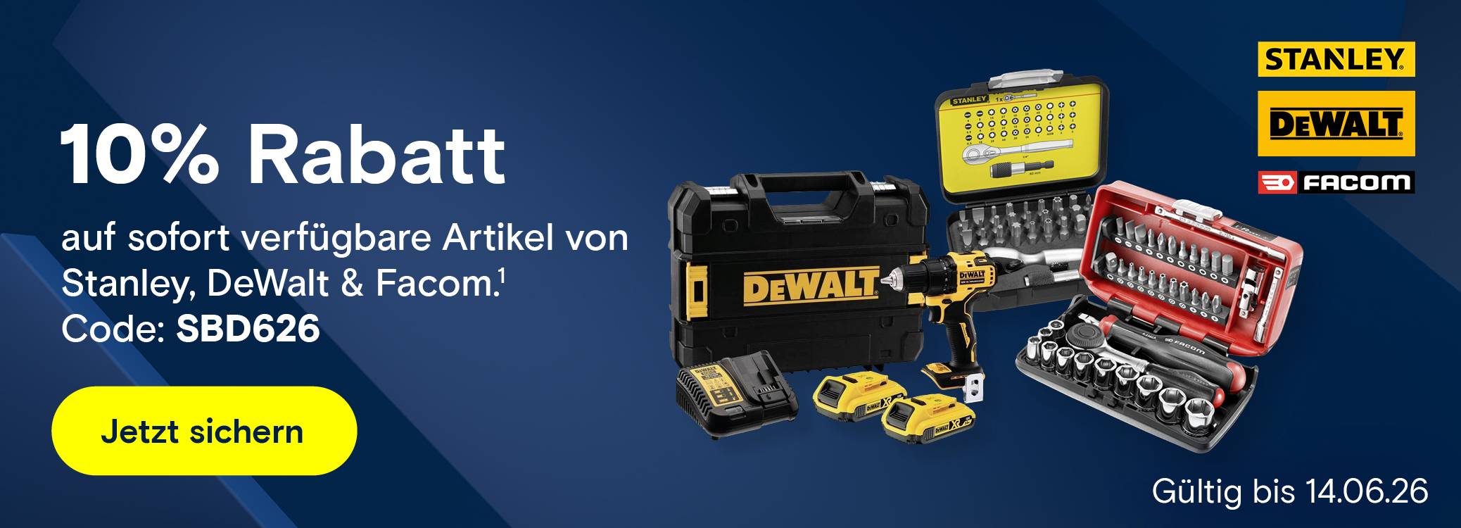 10% Rabatt auf sofort verfügbare Artikel von Stanley, DeWalt & Facom