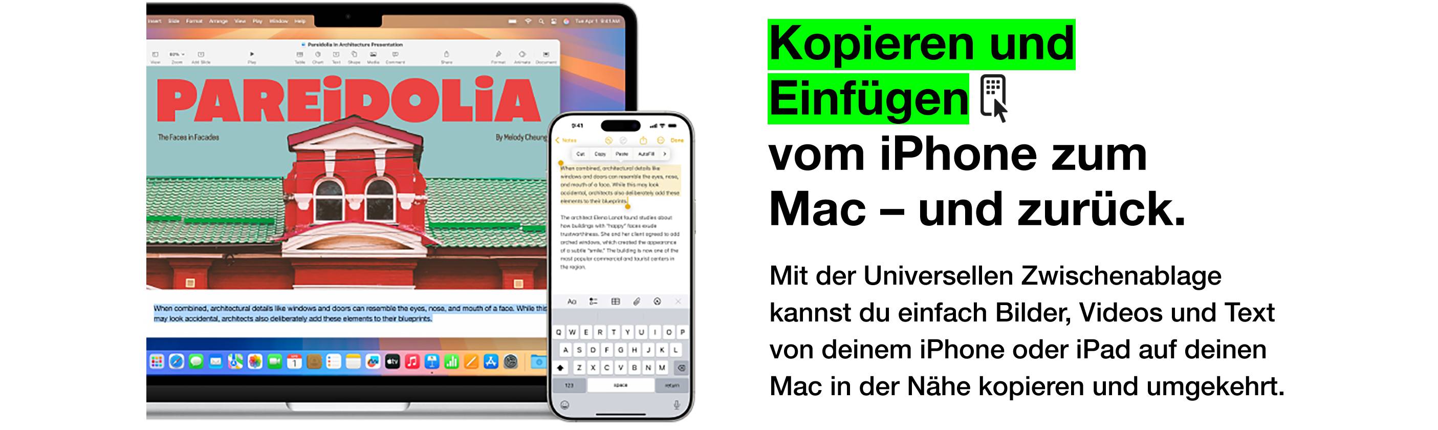 Ein silbernes MacBook Pro zeigt eine Keynote-Präsentation ("Pareidolia") mit einem Bild eines roten Gebäudes und Text. Rechts daneben ein iPhone mit einer Notiz-App, die den Text "Pareidolia" detailliert.