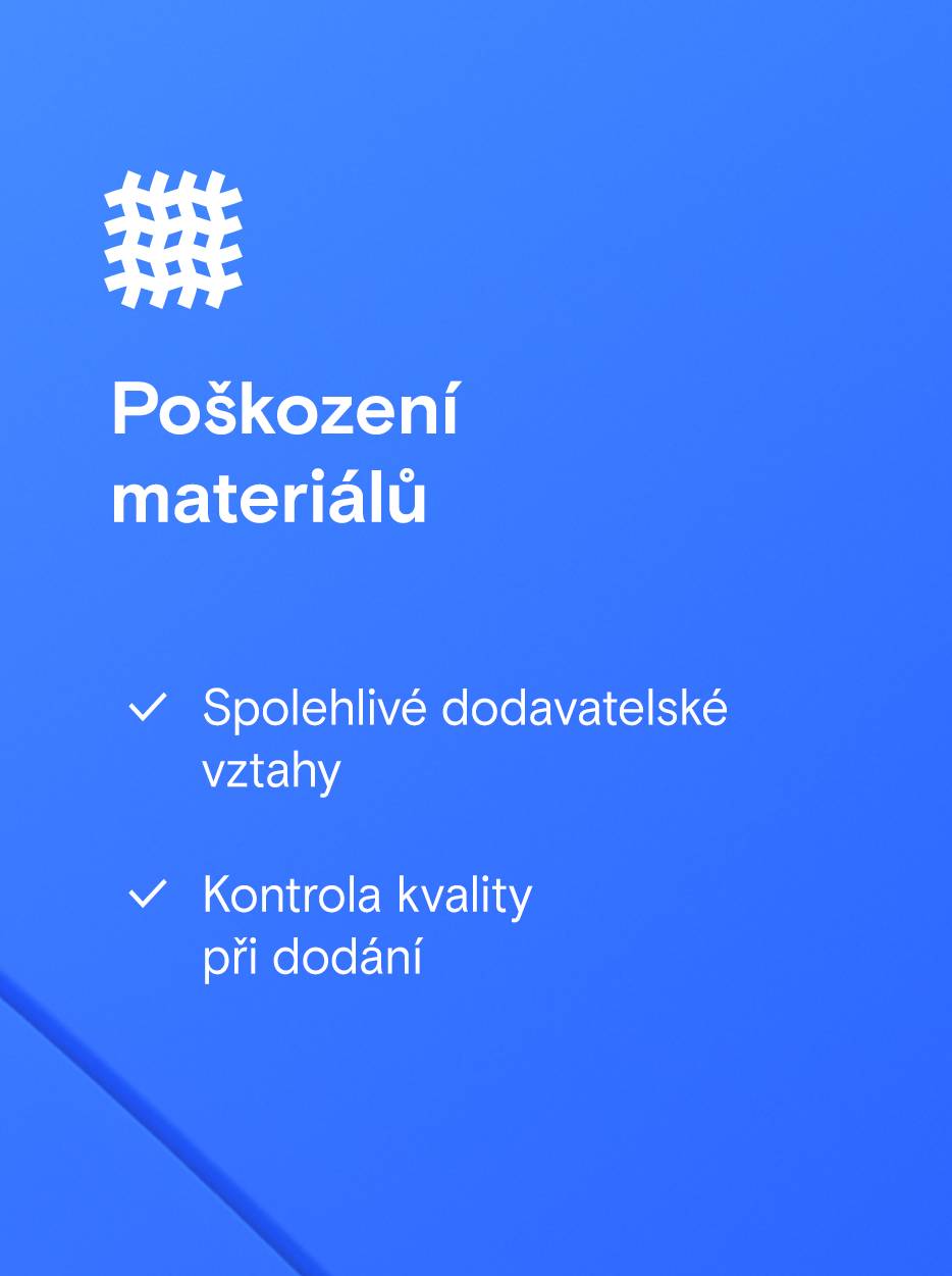 Obdélníkové tlačítko se symbolem mřížky, vedle něj text „Porucha materiálu“ a tři seznamy se zaškrtávátky: „Spolehlivé dodavatelské vztahy“, „Kontrola kvality dodávek“ a „Udržovat seznamy kritických náhradních dílů“.