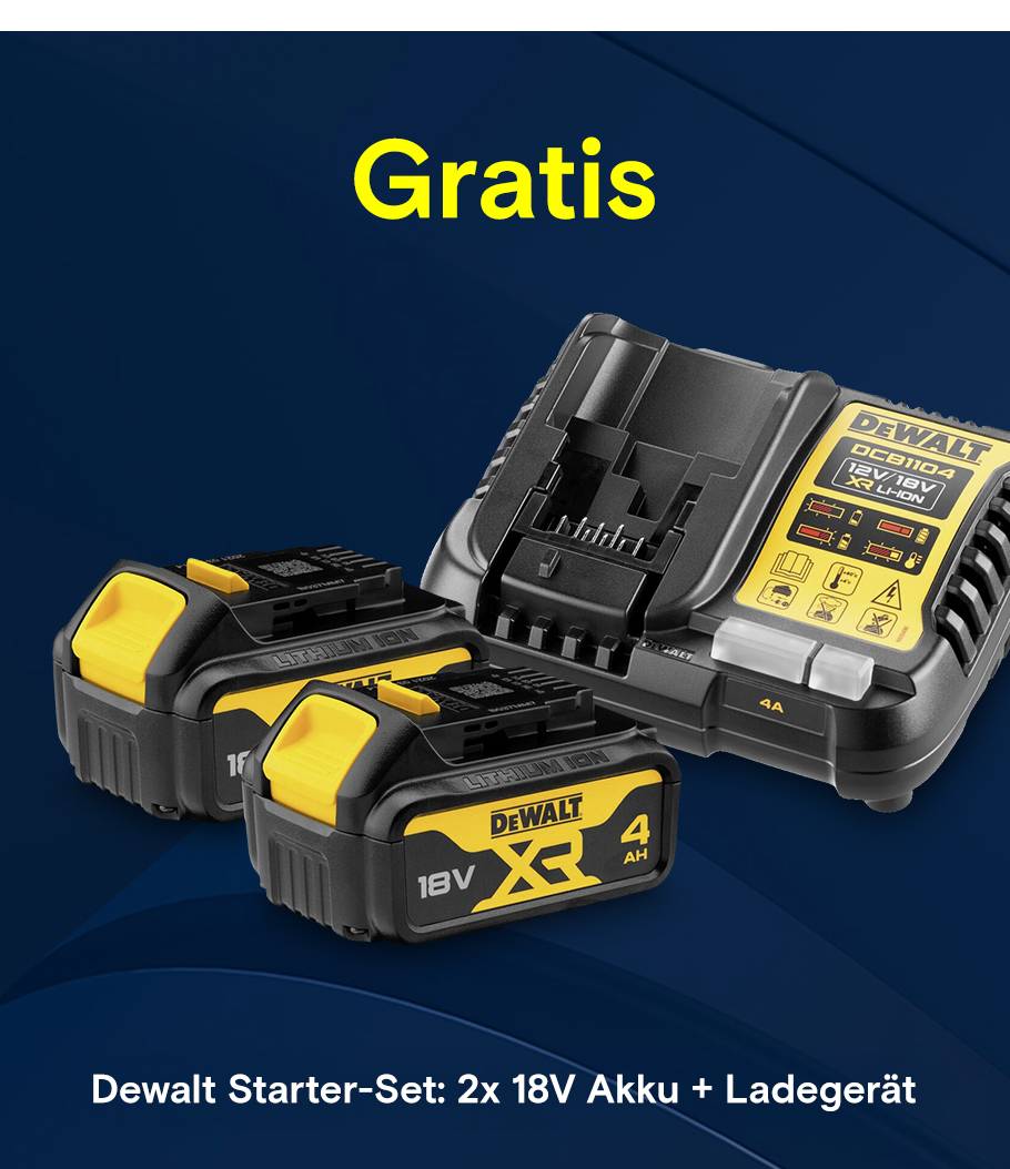 Werbegrafik mit „–10 % + Gratis“ neben einem DeWalt 18-V XR Lithium-Ionen Akku mit 4 Ah.