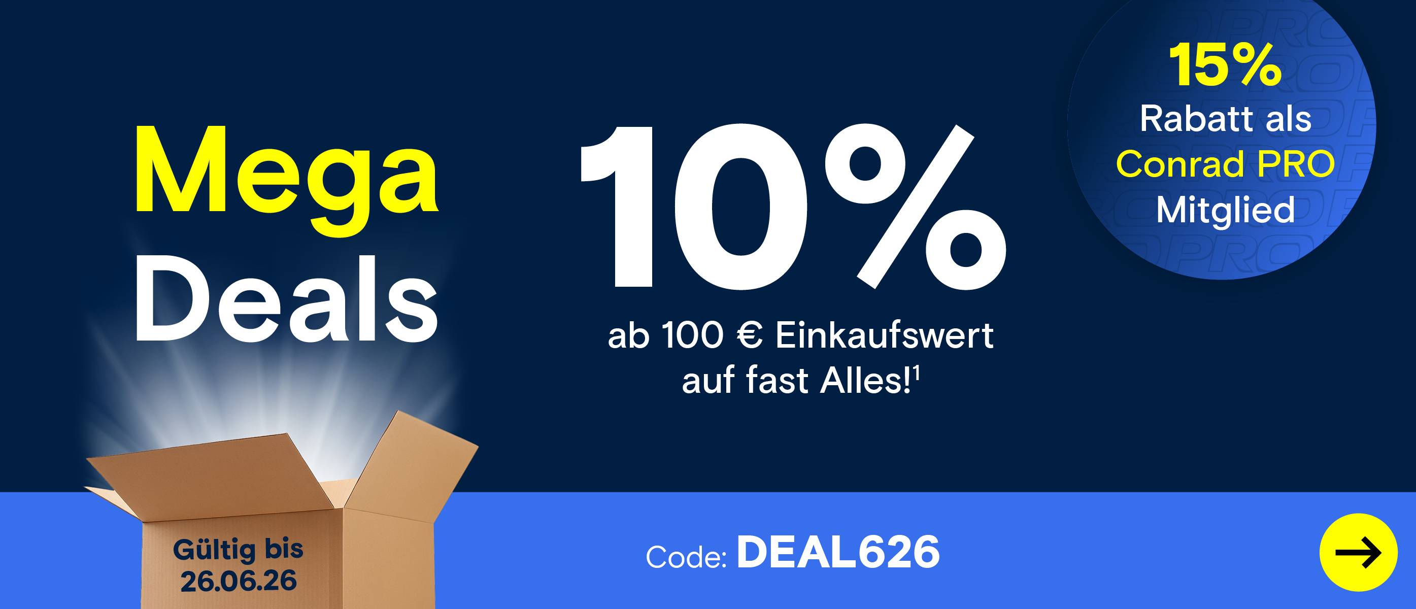 Conrad: Ein geöffneter, leuchtender Karton für Mega Deals.